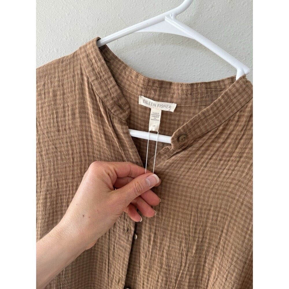 Eileen Fisher Women’s Dress Button Up Brown Orange Plaid Long Sleeve Midi Slits - Picture 3 of 6